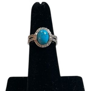 Elegant Silver Stainless Steel and Turquoise Blue Stone and CZ Diamond Ring